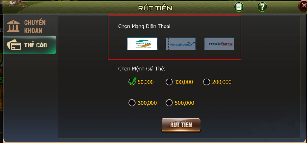 Rút tiền qua thẻ cào